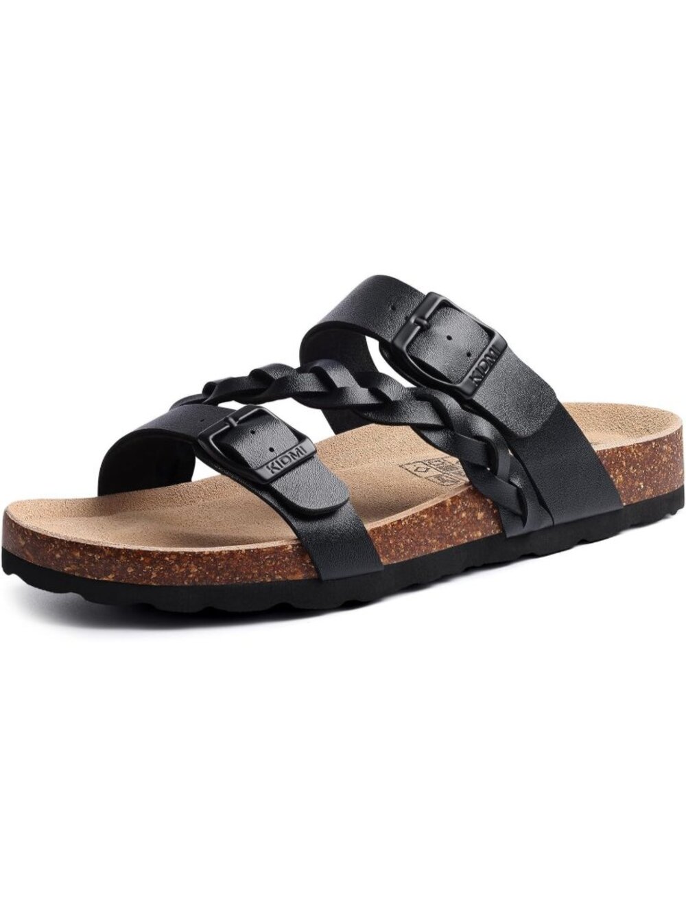 Women's Black Slide Flat Sandals Cork Footbed Slip-On Adjustable Buckle Shoes